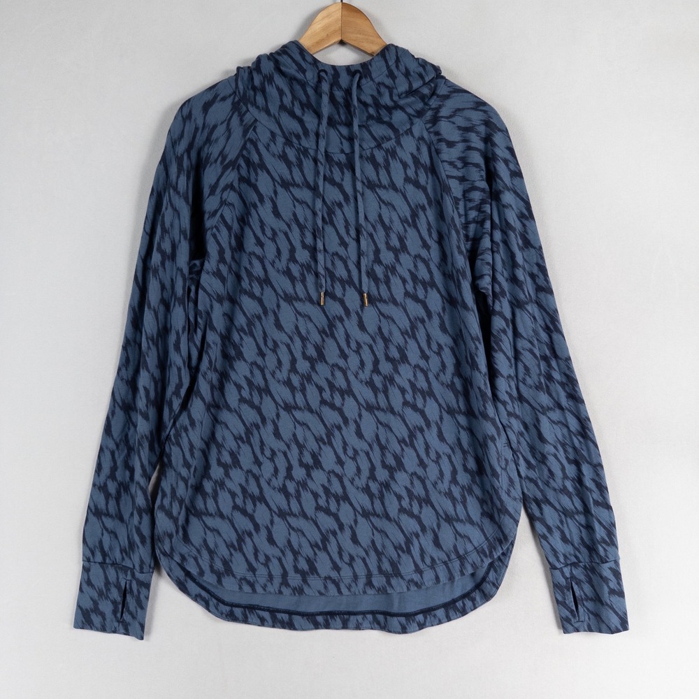 Garnet Hill Hoodie Top Sz Medium Blue Print Pullover Top Thumbholes Cozy Casual